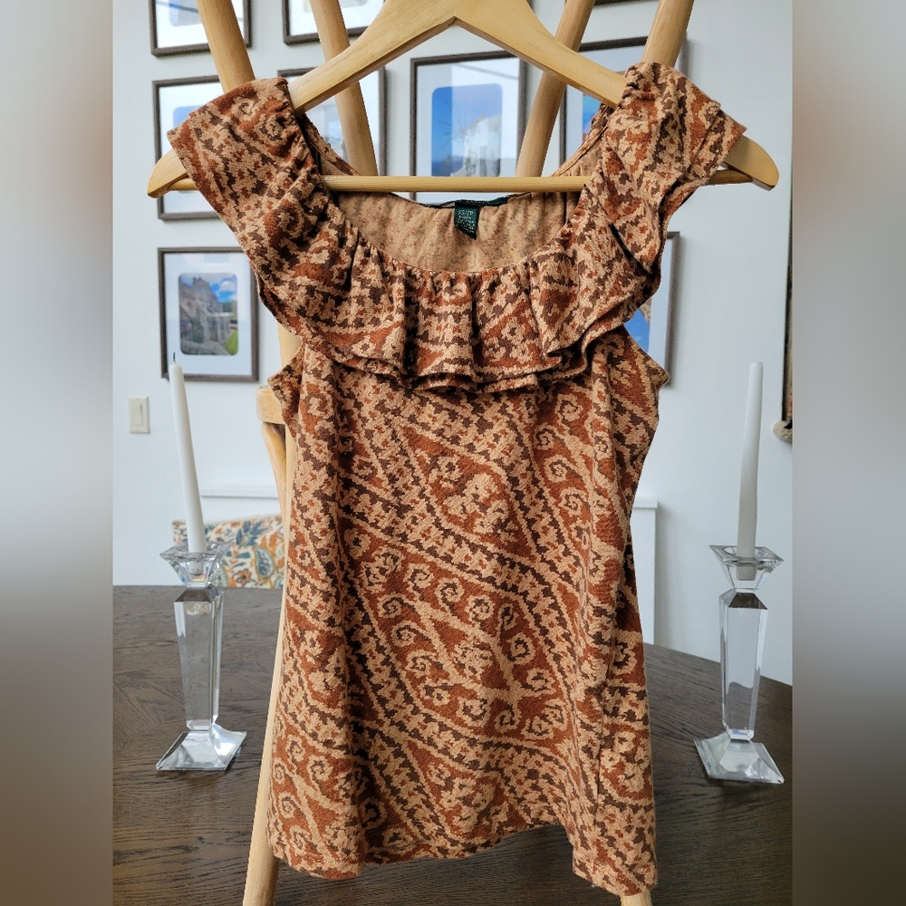 Lauren Ralph Lauren - Tanned Brown Patterned - Cotton Ruffle Shirt - Picture 3 of 5